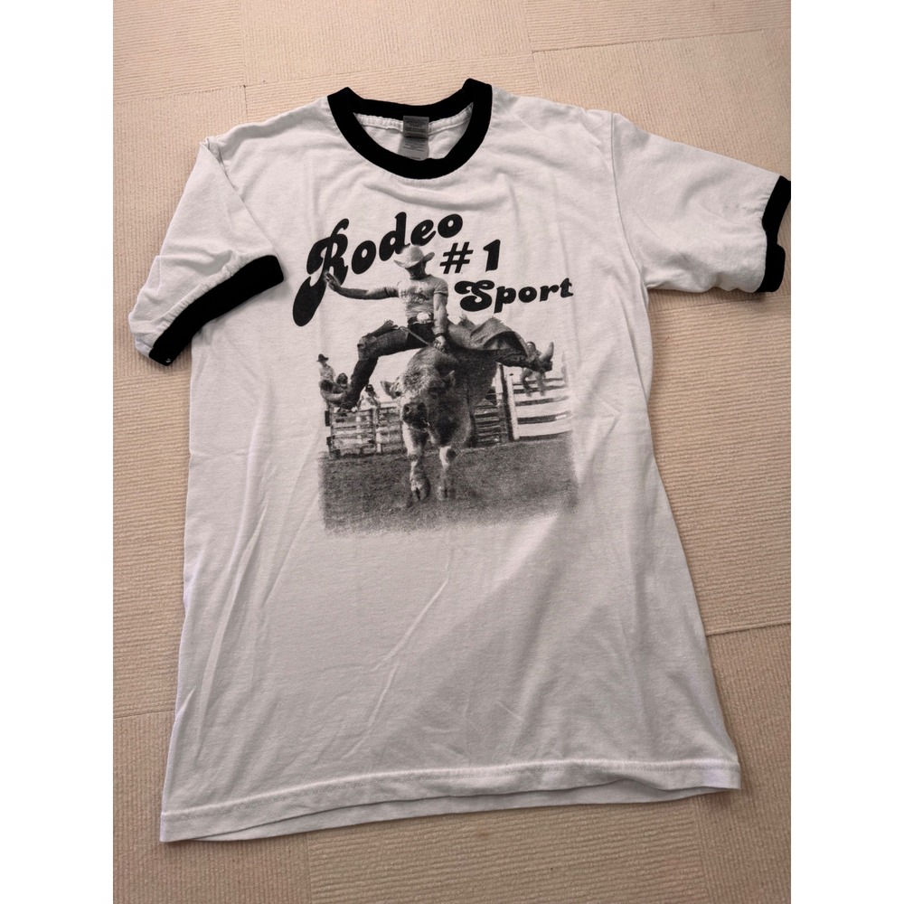 Gildan DryBlend Rodeo #1 Sport Ringer T-Shirt White Black Graphic Tee Small